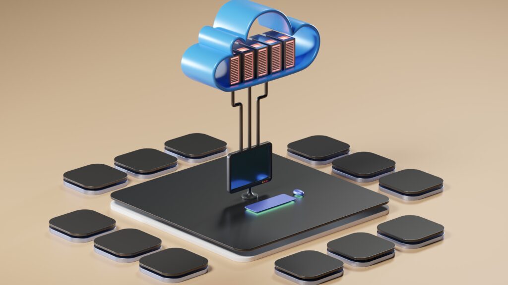 A diagram of how cloud computing works, with the cloud holding information above what appears to be a computer monitor.